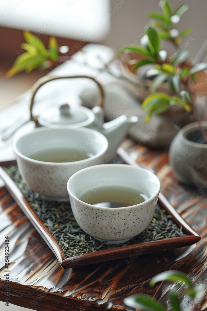 Immerse in the art of Japanese tea ceremony with traditional teapot, cups, and green tea leaves. Immerse in the art of Japanese tea ceremony with traditional teapot, cups, and green tea leaves.
