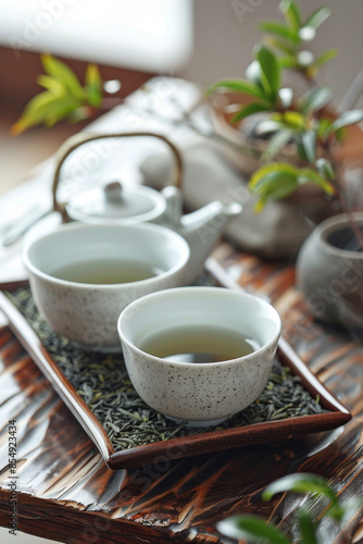 Immerse in the art of Japanese tea ceremony with traditional teapot, cups, and green tea leaves.