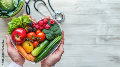 Nutritional food for heart health wellness by cholesterol diet and healthy nutrition eating with clean fruits and vegetables in heart dish by nutritionist and doctor recommended for patient well-being
