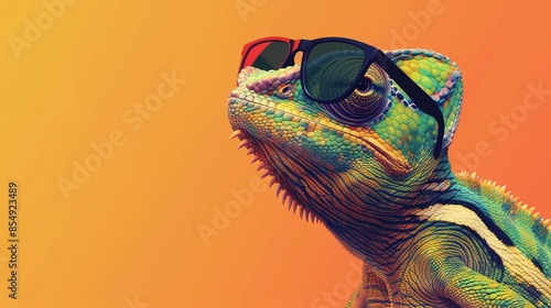A lizard wearing sunglasses and a hat against a vibrant orange background. The lizard's direct gaze captivates the viewer, while its expression conveys a hint of sadness. photo