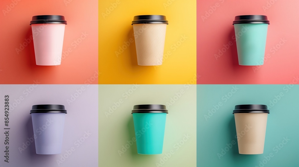 Six coffee cups mockup with black lids in vibrant colors. Coffeecups template advertising image. Energetic arrangement. Coffeeshop takeaway beverages mock up products photorealistic Six coffee cups mockup with black lids in vibrant colors. Coffeecups template advertising image. Energetic arrangement. Coffeeshop takeaway beverages mock up products photorealistic