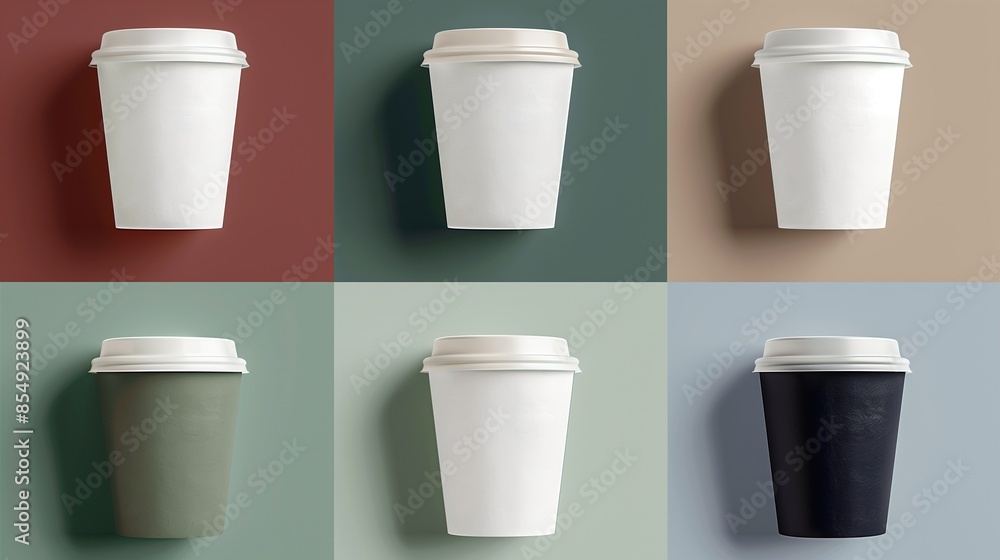 Six coffee cups mockup with white lids against muted colors backgrounds. Modern aesthetic. Coffeecups template advertising image. Coffeeshop takeaway beverages mock up products realistic Six coffee cups mockup with white lids against muted colors backgrounds. Modern aesthetic. Coffeecups template advertising image. Coffeeshop takeaway beverages mock up products realistic