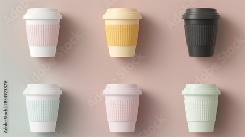 Wallpaper Mural Six coffee cups mockup with pastel ribbed sleeves against pink beige backdrop. Coffeecups template advertising image. Coffeeshop takeaway beverages mock up products photorealistic Torontodigital.ca
