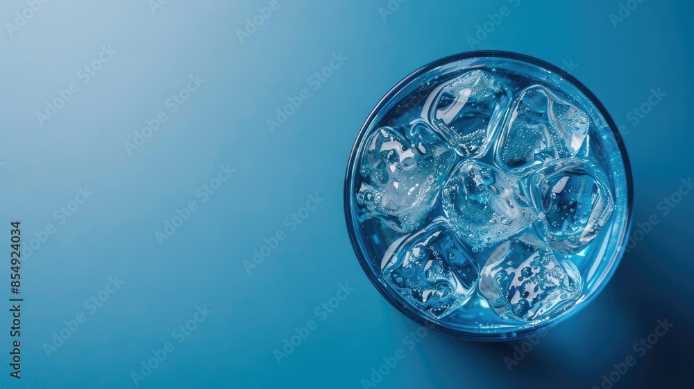 Top view of ice water in blue glass on blue surface Top view of ice water in blue glass on blue surface