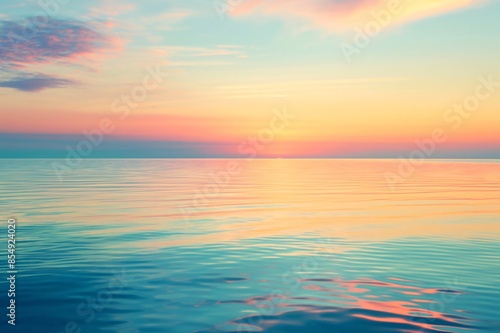 Tranquil and serene ocean sunset with smooth water and scenic horizon. Creating a calm and peaceful reflection of the orange and pink gradient sky at dusk