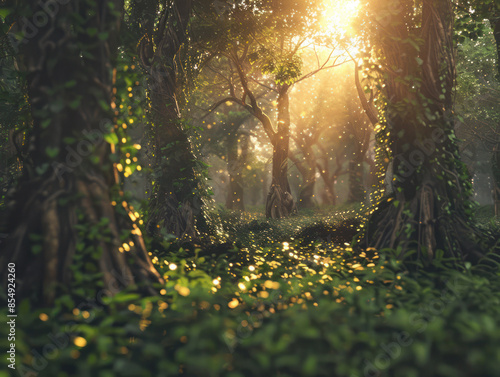 Enchanting Forest Landscape Captures Sunlight Streaming through Lush Canopy in Serene Greenery A Breathtaking Morning View of Nature with Rays Illuminating Leaf Covered Ground photo