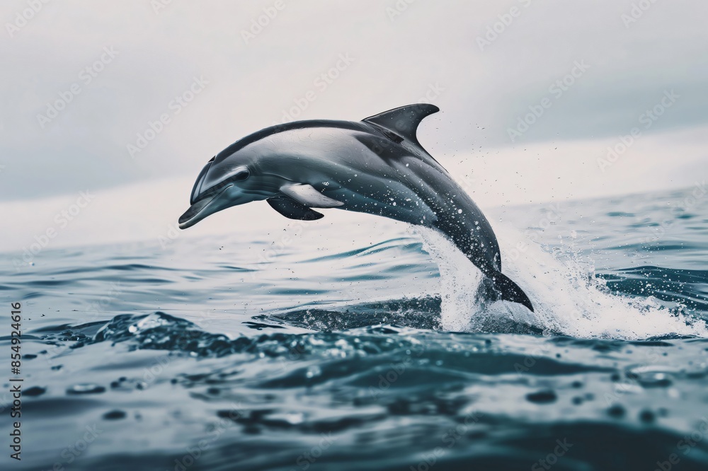 Fototapeta premium Exhilarating photo capturing a dolphin gracefully leaping from the ocean waves, showcasing the beauty of marine wildlife in motion