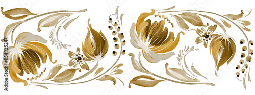 Schilderij op canvas Floral seamless border pattern from gold colored peony flowers, berry bunches an