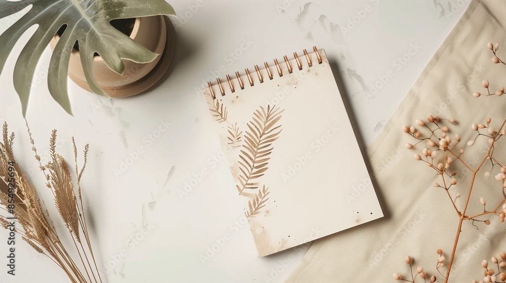 Top view of spiral-bound notepad mockup with botanical print. Dried flowers, potted plant on white surface. Desk stationery template advertising image. Natural artistic workspace mock up
