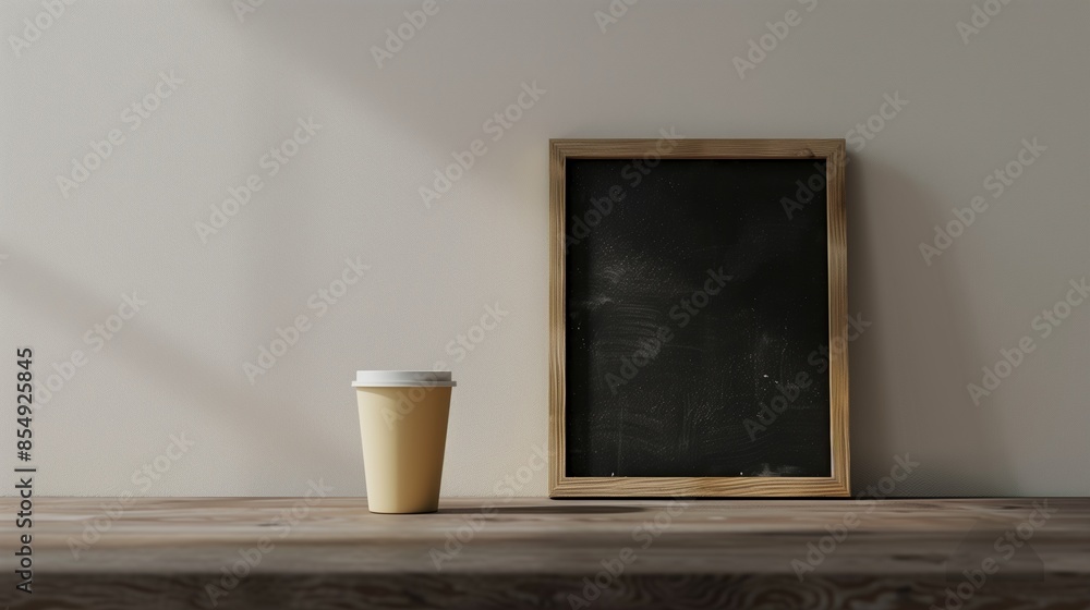 Takeaway coffee cup mockup on wooden surface next to blank blackboard. Coffeecup template advertising image. Simple composition. Takeout disposable mock up product photorealistic Takeaway coffee cup mockup on wooden surface next to blank blackboard. Coffeecup template advertising image. Simple composition. Takeout disposable mock up product photorealistic
