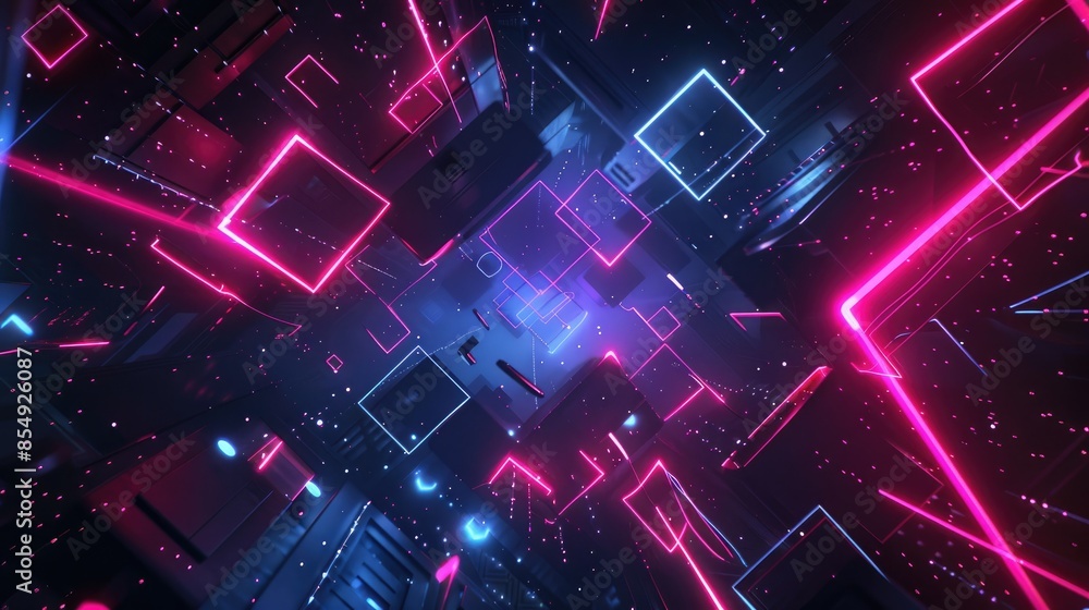 Dark background with neon lights in geometric designs, perfect for futuristic, nightlife, or music-themed projects Dark background with neon lights in geometric designs, perfect for futuristic, nightlife, or music-themed projects