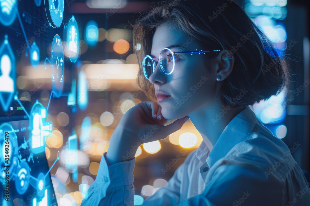 Focused woman in a high-tech office setup Focused woman in a high-tech office setup