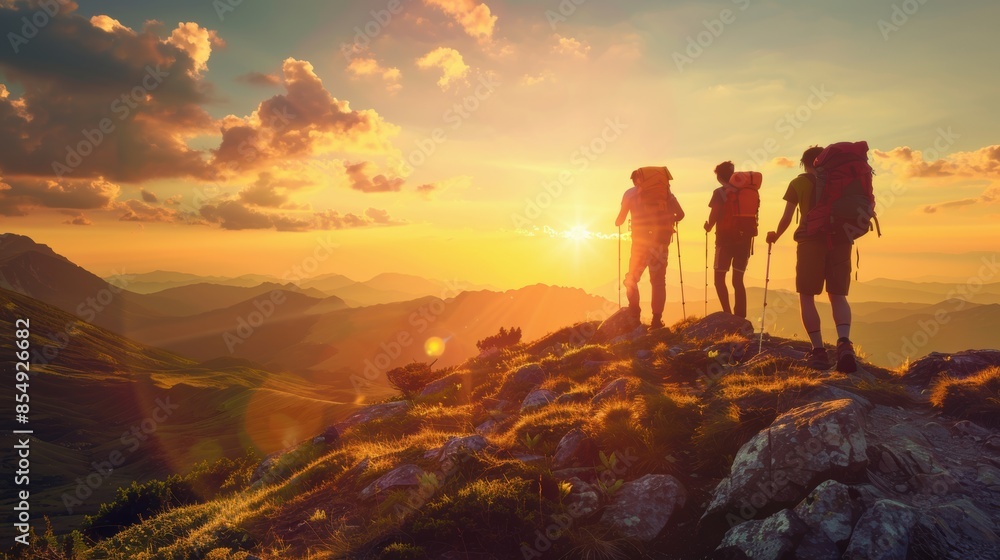 Fototapeta premium Hikers enjoy sunset views on mountain peak