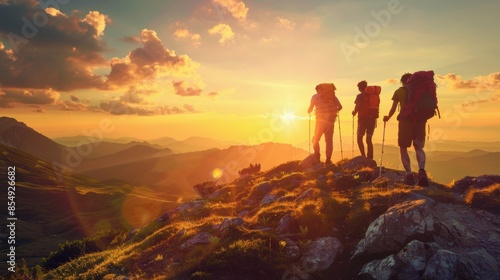 Hikers enjoy sunset views on mountain peak