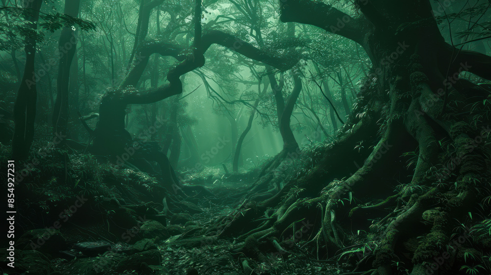 Enigmatic Enchanted Forest Mysterious Twilight Trees in Dense Misty Woods Captivating Fantasy Landscape with Twisted Branches, Ethereal Green Light, and Foggy Atmospheric Ambience Enigmatic Enchanted Forest Mysterious Twilight Trees in Dense Misty Woods Captivating Fantasy Landscape with Twisted Branches, Ethereal Green Light, and Foggy Atmospheric Ambience
