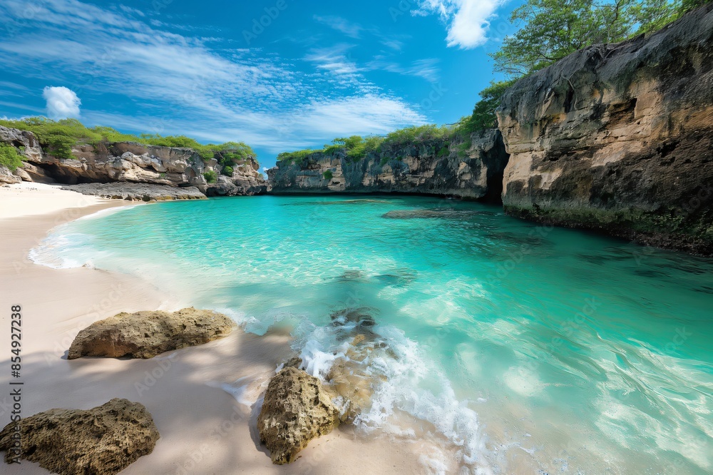 Fototapeta premium Secluded cove with turquoise waters, surrounded by rugged cliffs and pristine sand, capturing the essence of a tranquil paradise
