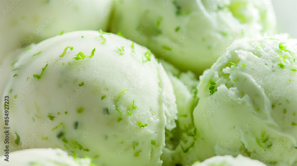 Refreshing cucumber and lime ice cream, a closeup of refreshing cucumber and lime ice cream, its light green color and zesty lime flavor highlighted against a white background Refreshing cucumber and lime ice cream, a closeup of refreshing cucumber and lime ice cream, its light green color and zesty lime flavor highlighted against a white background