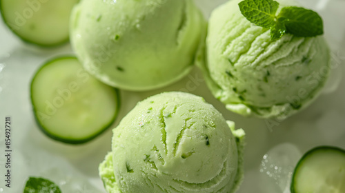 Refreshing cucumber and lime ice cream, a closeup of refreshing cucumber and lime ice cream, its light green color and zesty lime flavor highlighted against a white background © Spooon