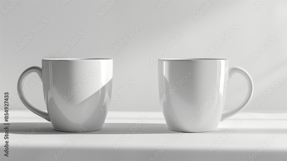 Two sleek white mugs mockup with classic rounded design. Tea cups template advertising image. Simplicity, minimalist white background. Coffeecups mock up products photorealistic Two sleek white mugs mockup with classic rounded design. Tea cups template advertising image. Simplicity, minimalist white background. Coffeecups mock up products photorealistic