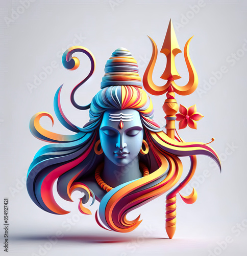 3d vibrant colorful abstract lord shiva mahadev shankar with flowing shapes holding trident trishul hindu god deity mahashiv ratri photo