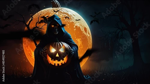 scary pumpkin and grim reaper on halloween day, in anime or cartoon style. Seamless looping 4k video animation
