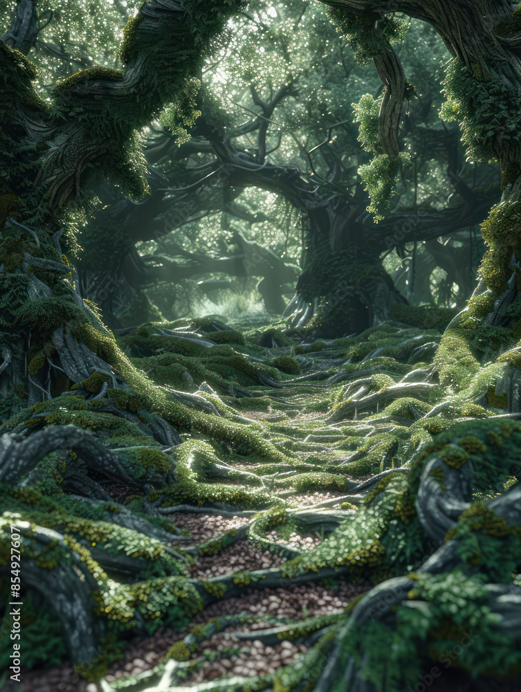 Obraz premium Enchanted Mystical Forest Path A Journey through Ancient Trees and Secret Groves in a Lush, Dreamlike Woodland Setting