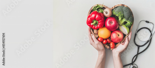 Nutritional food for heart health wellness by cholesterol diet and healthy nutrition eating with clean fruits and vegetables in heart dish by nutritionist and doctor recommended for patient well-being