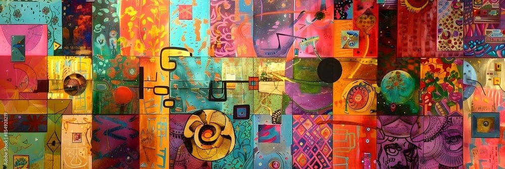 Fototapeta premium Vibrant Collage of Geometric Shapes and Textures in Bold Colors