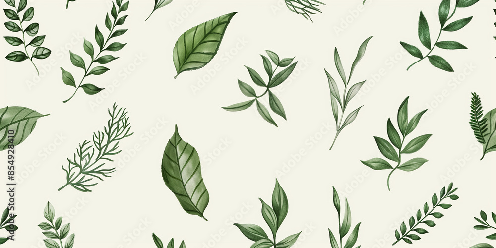 Fototapeta premium Green Plant and Leafs Pattern - Pencil Hand Drawn