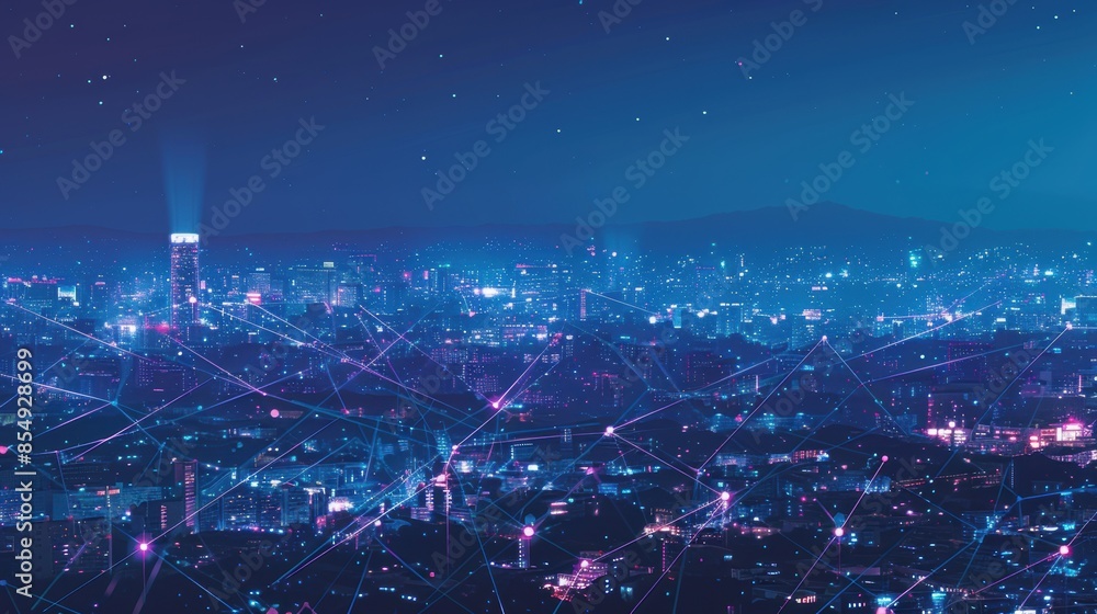 Nighttime cityscape with illuminated towers and starry sky Nighttime cityscape with illuminated towers and starry sky