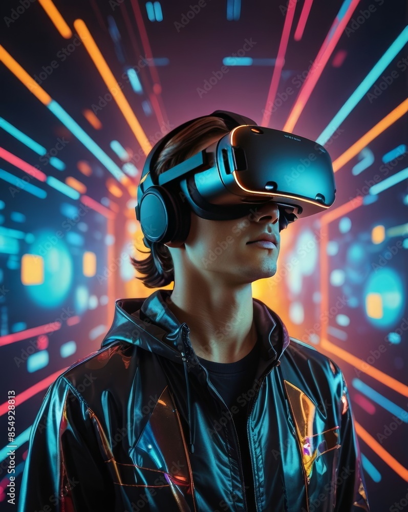 A person fully immersed in a virtual reality environment, wearing a VR headset and surrounded by vibrant, colorful holographic lights. A person fully immersed in a virtual reality environment, wearing a VR headset and surrounded by vibrant, colorful holographic lights.