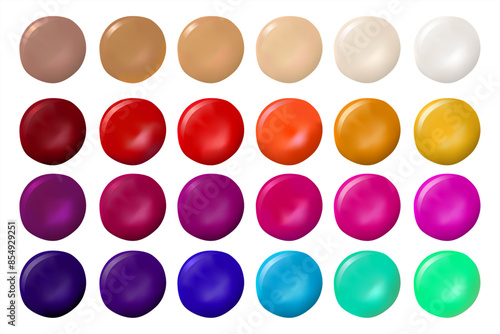 Set with paint drops in different colors, paint samples, volume droplets. Set of different nail polishes samples on white background, top view. 