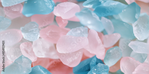 A close-up of mix of pastel cyan and pink sea glass, frosted and semi-transparent photo