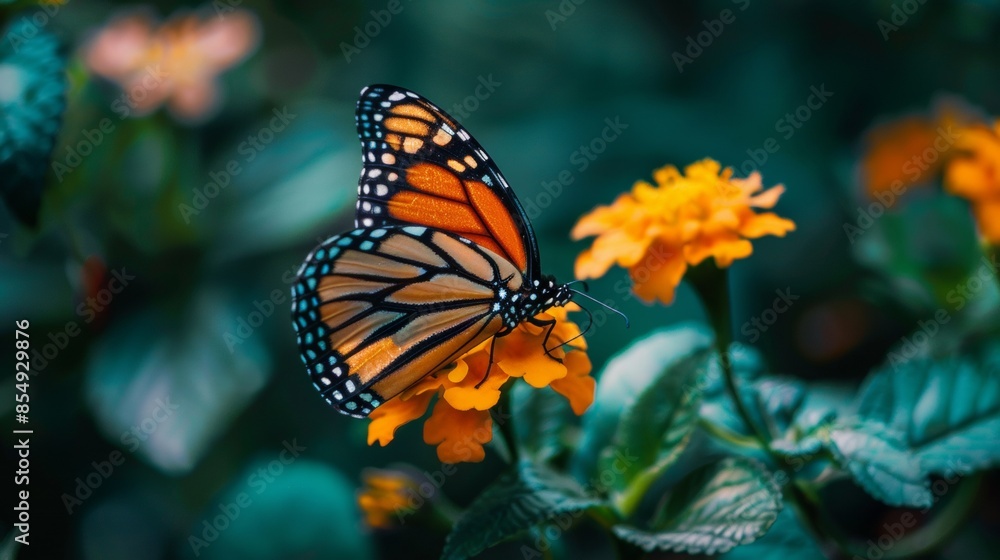 Monarch Butterfly on Yellow Flower in Garden Monarch Butterfly on Yellow Flower in Garden