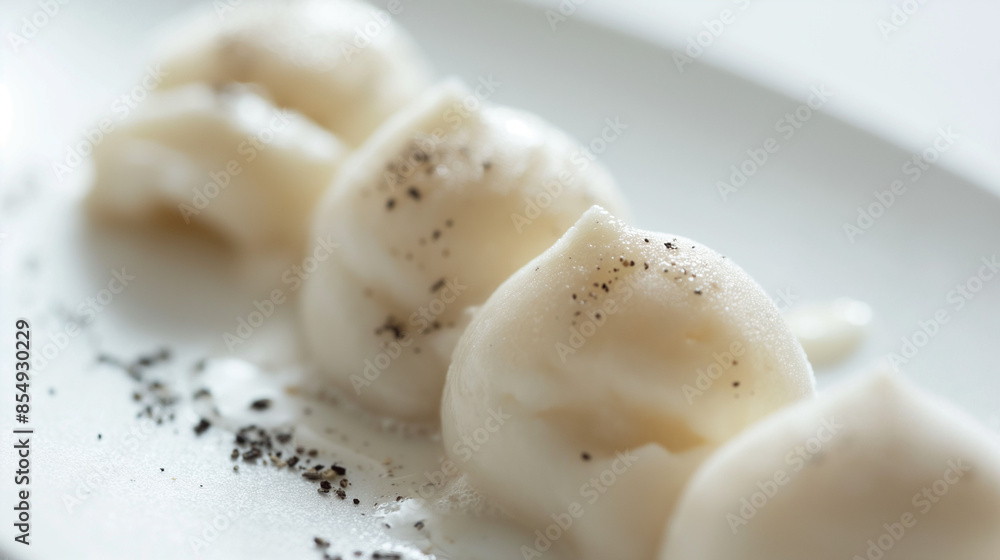 A closeup of elegant pear and blue cheese sorbet, its unique flavor combination presented against a stark white background, designed for an upscale magazine's gourmet dessert segment A closeup of elegant pear and blue cheese sorbet, its unique flavor combination presented against a stark white background, designed for an upscale magazine's gourmet dessert segment