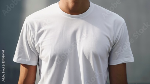 Wallpaper Mural Close-up view of man upper body wearing plain white t-shirt mockup. Texture and fit of tshirt template advertising image. Simplicity and comfort. Everyday wear mock up photorealistic Torontodigital.ca