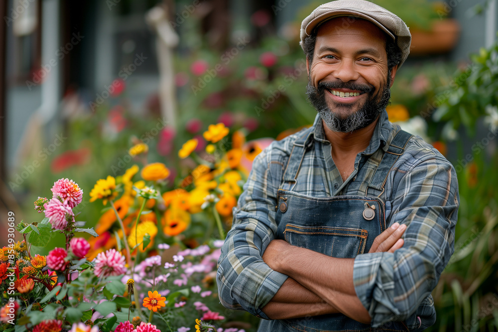a smiling male gardener standing with arms crossed in the garden a smiling male gardener standing with arms crossed in the garden