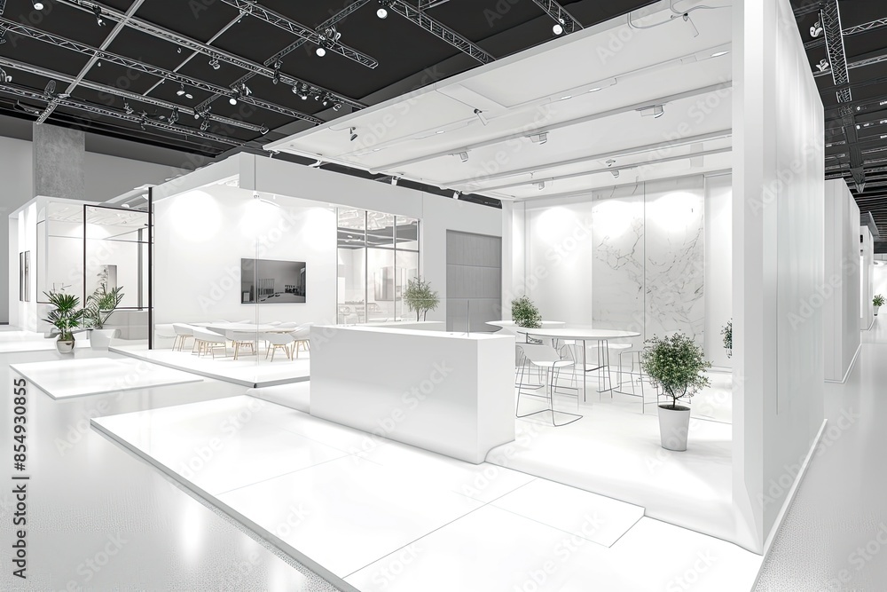 a large white and red display with a television, 3D-rendered virtual trade exhibition a large white and red display with a television, 3D-rendered virtual trade exhibition