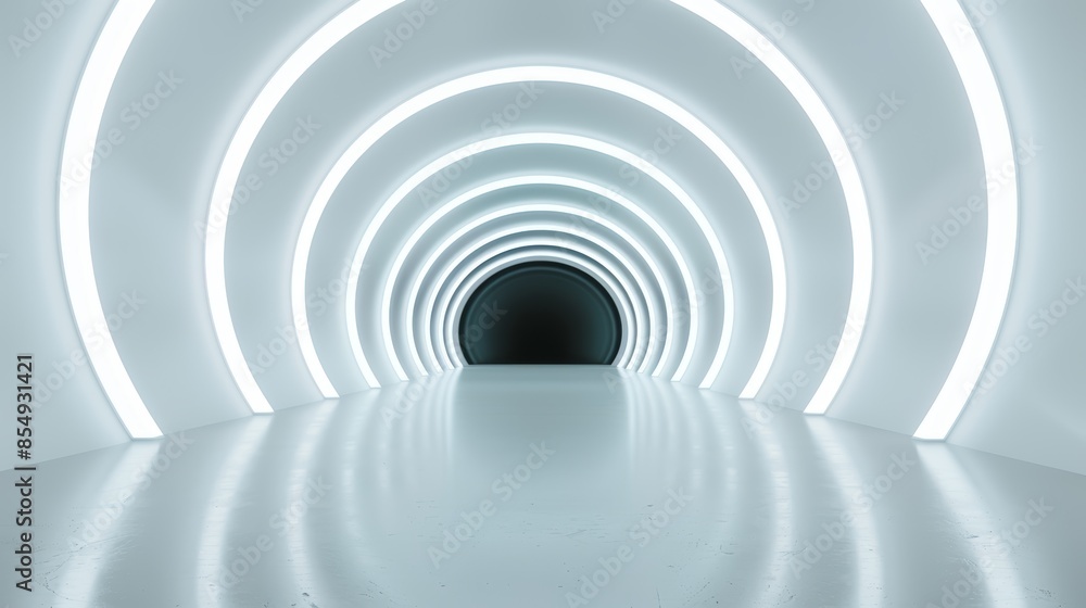 Naklejka premium Futuristic 3D room with a white background, neon-lit tunnel, empty stage floor, sleek silver road, black wall, and modern abstract design, high-tech studio feel