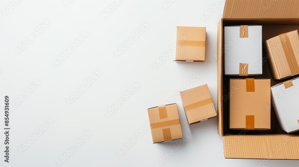 Obraz premium Goods neatly packed in a delivery box, isolated on white background, ample text space on one side, showcasing attention to detail in packaging