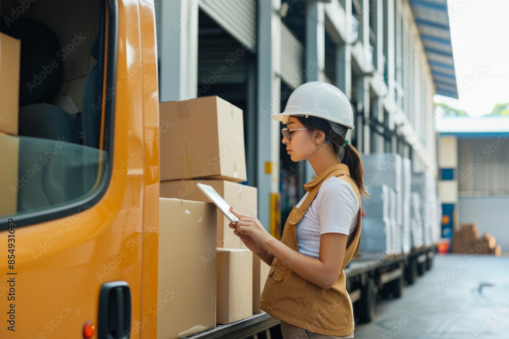 Logistics worker checking cargo in delivery van Logistics worker checking cargo in delivery van