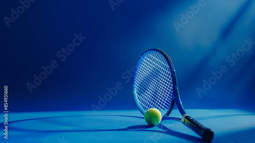 Tennis yellow ball, racket on the blue court. Sports banner. Healthy lifestyle concept.