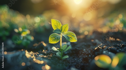 A delicate small plant bathed in sunlight, its vibrant green leaves unfurling towards the warm rays, casting a gentle shadow on the soil below photo