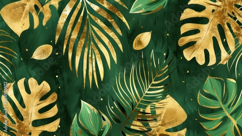 Golden palm leaves on a lush green background