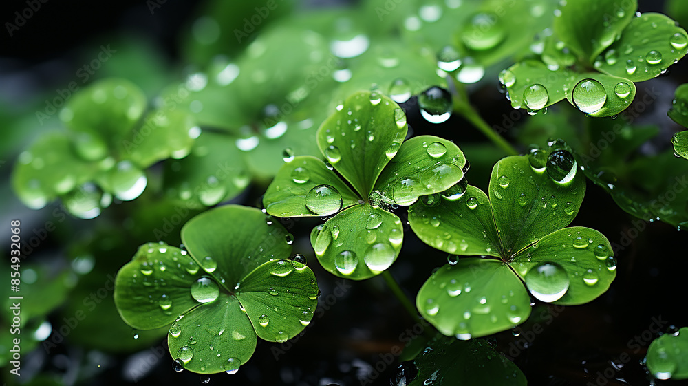 morning in the forest, fresh shoots shamrock in dew drops, forest sour green background nature morning in the forest, fresh shoots shamrock in dew drops, forest sour green background nature