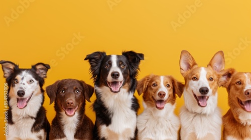Group of happy border collies with big smiles, standing and sitting on a sunny yellow backdrop, showcasing their friendly and lively personalities, vibrant and fun © JP STUDIO LAB