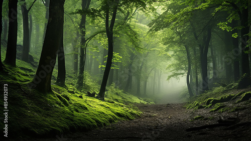 misty landscape in a fresh green spring forest, trunks of green trees in the mist of the forest morning coolness