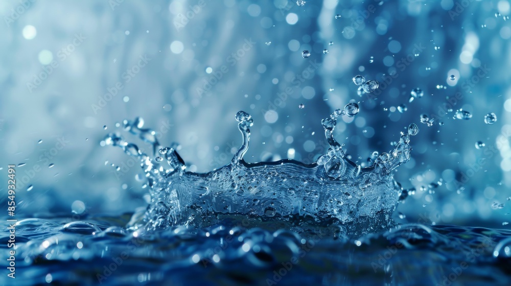 Close-Up Water Splash with Blue Bokeh Background Close-Up Water Splash with Blue Bokeh Background