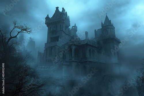 a castle in the fog with a clock tower, Develop a haunted castle in a mysterious fog
