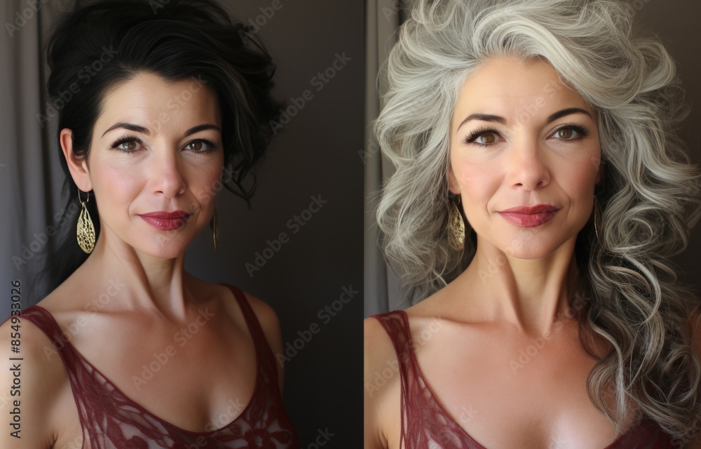 Two women with different hair colors and earrings Two women with different hair colors and earrings